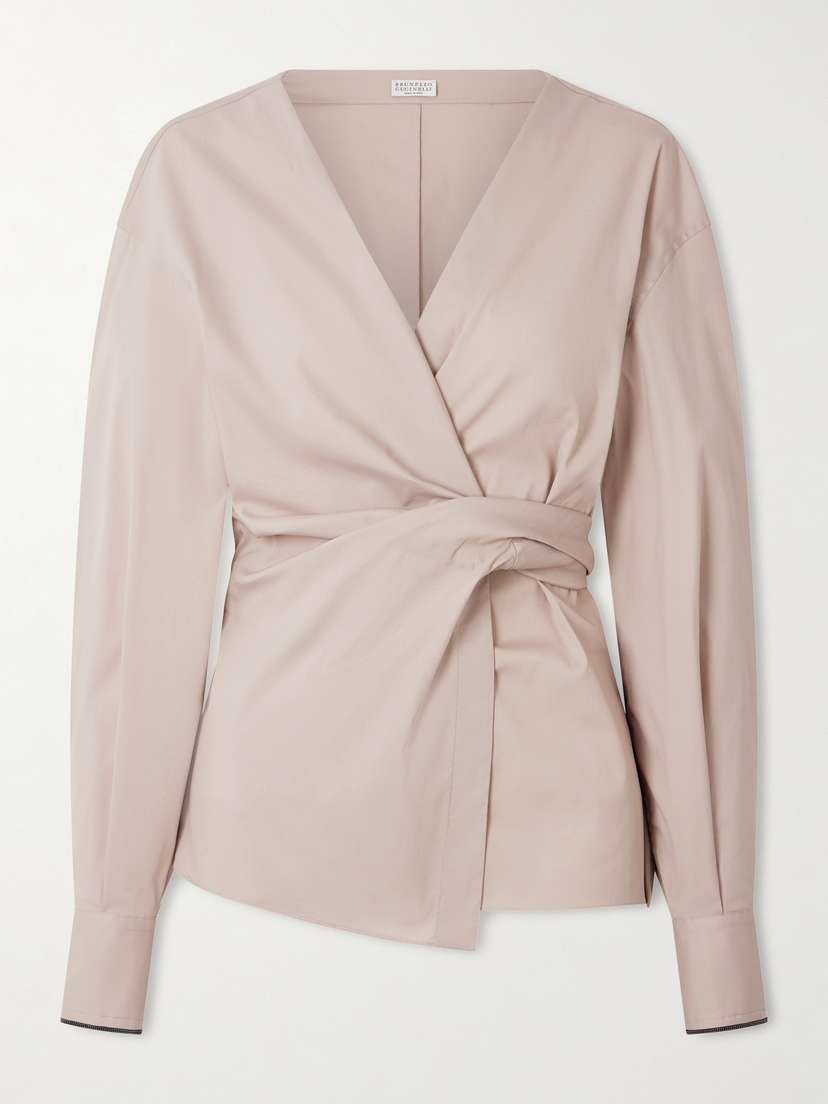 Brunello Cucinelli — Embellished cotton-blend poplin wrap blouse