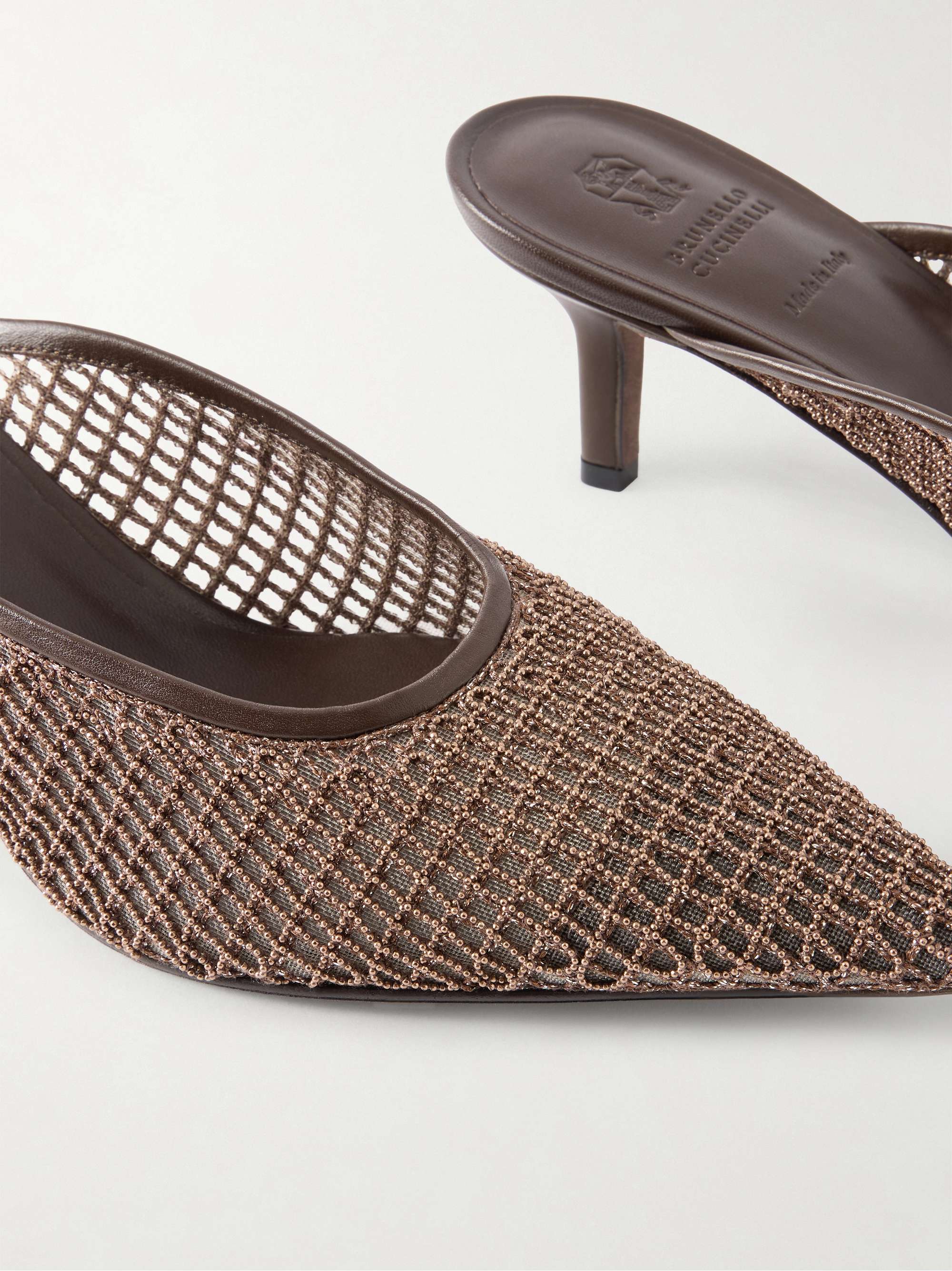 BRUNELLO CUCINELLI 55 Bead-embellished leather-trimmed mesh mules