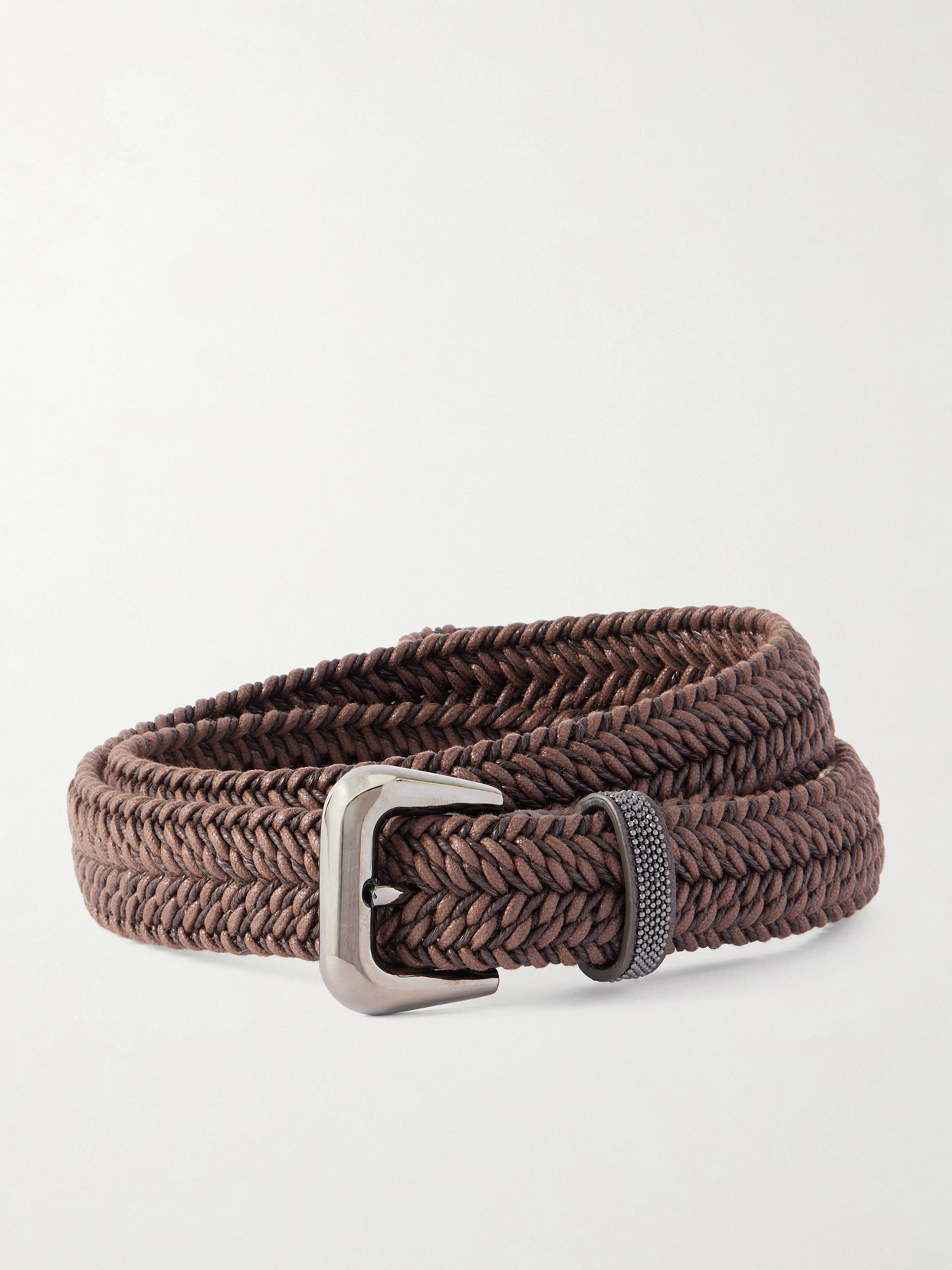 Brunello Cucinelli Bead-embellished Leather-trimmed Woven Belt In Brown