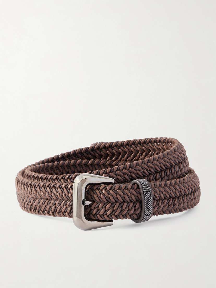 Brunello Cucinelli Bead-embellished Leather-trimmed Woven Belt