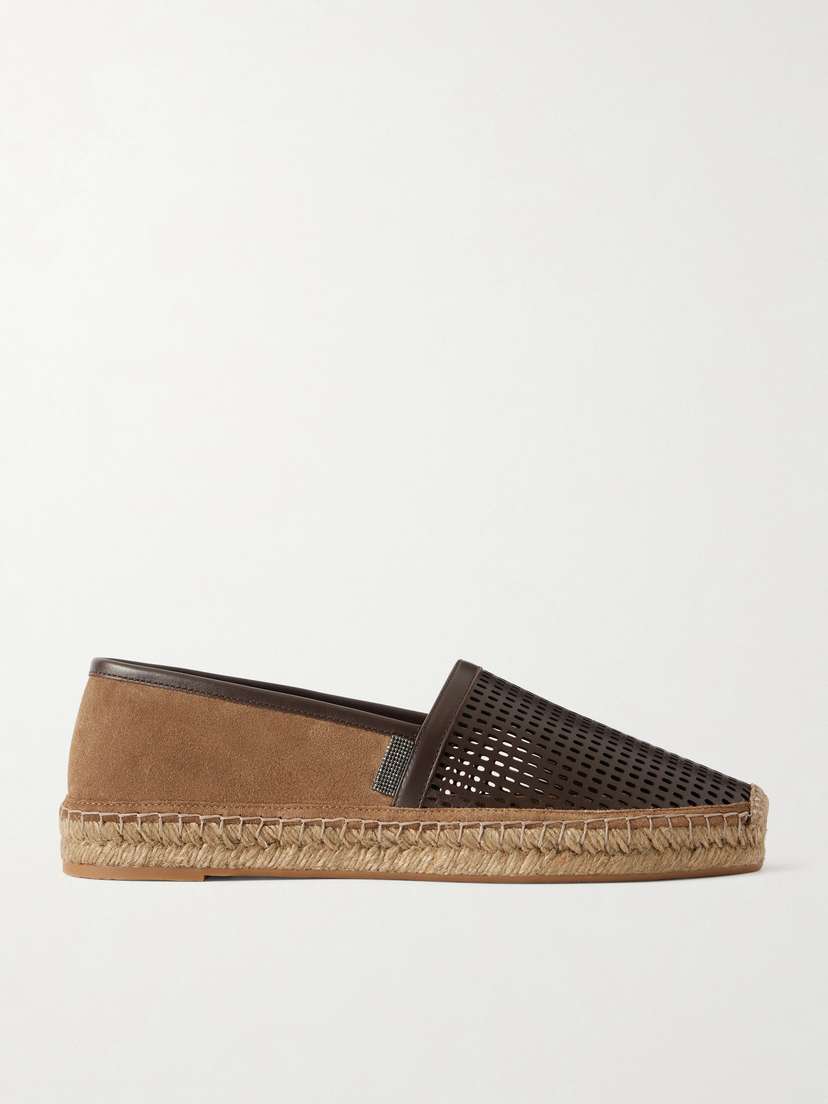 Brunello Cucinelli Bead-embellished Suede And Laser-cut Leather Espadrilles