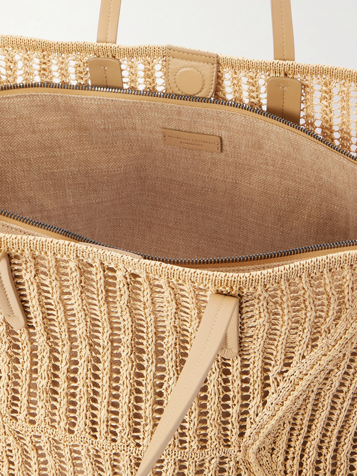 Leather-Trimmed Woven Tote