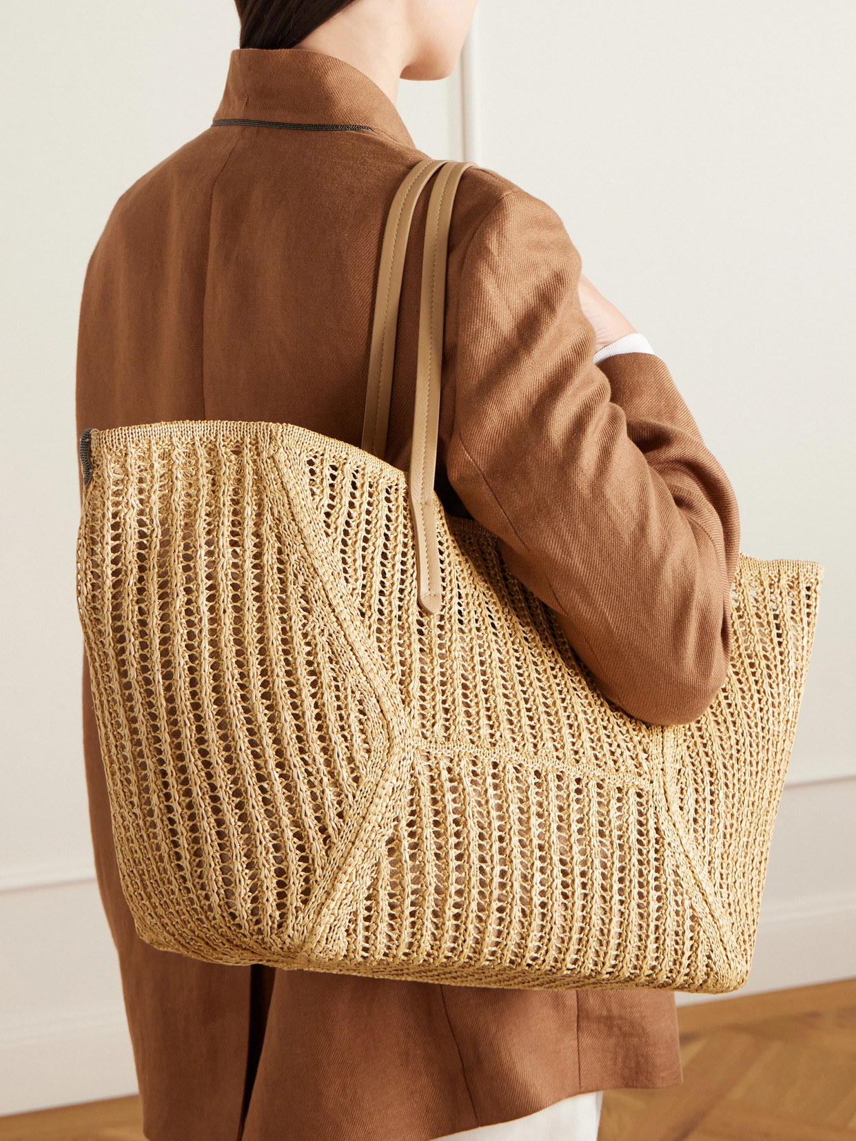 Leather-Trimmed Woven Tote