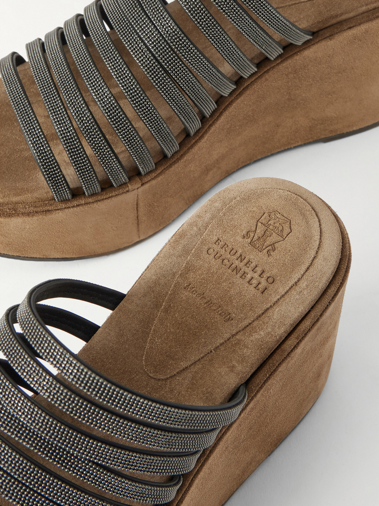Brunello Cucinelli 80 Embellished Suede Platform Mules In Multi