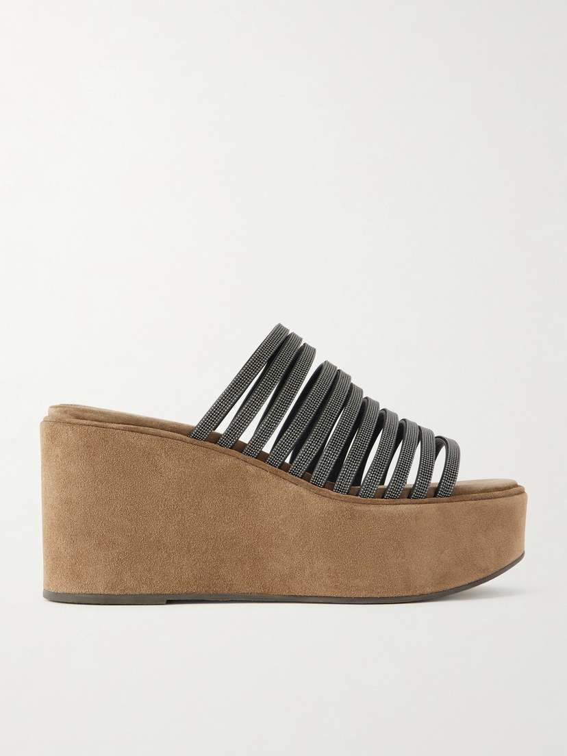 Brunello Cucinelli Embellished Suede Platform Mules