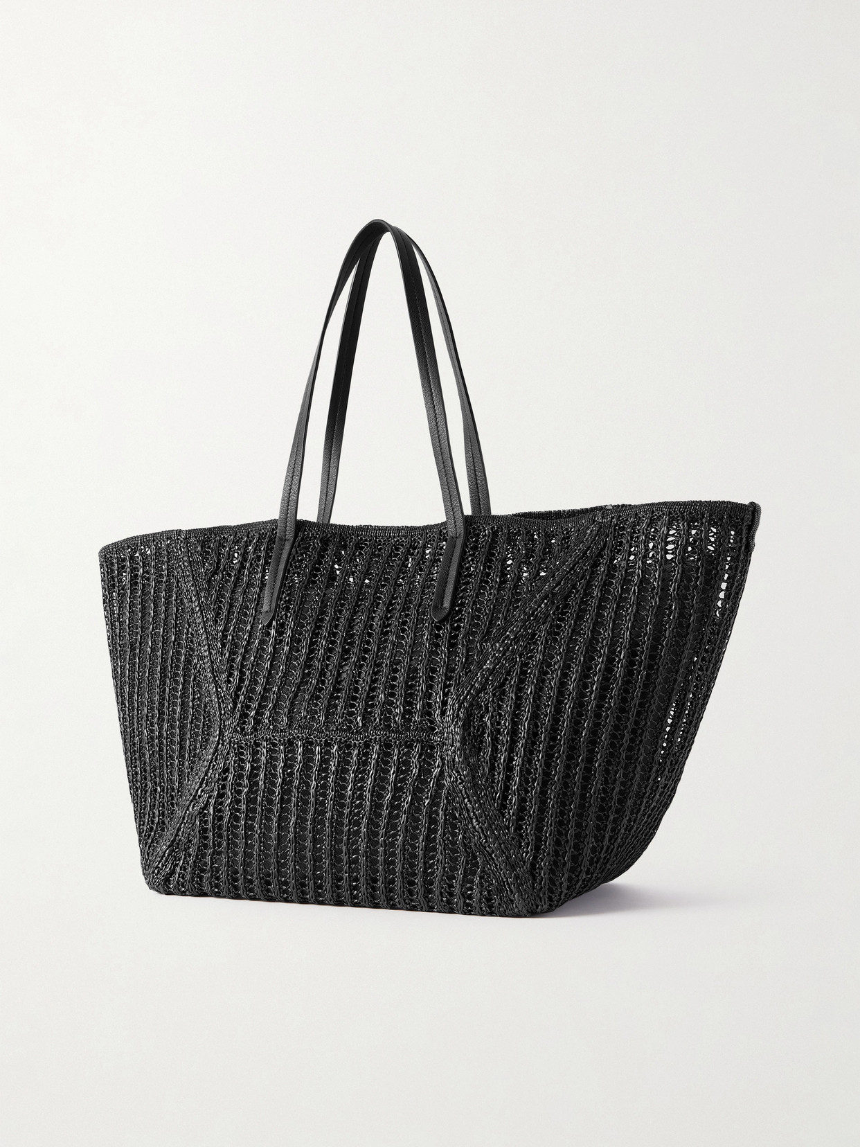 Leather-Trimmed Woven Tote