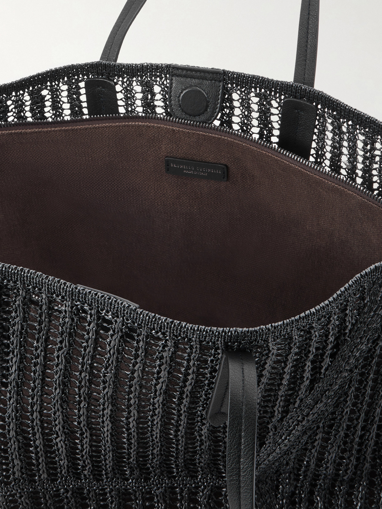 Leather-Trimmed Woven Tote