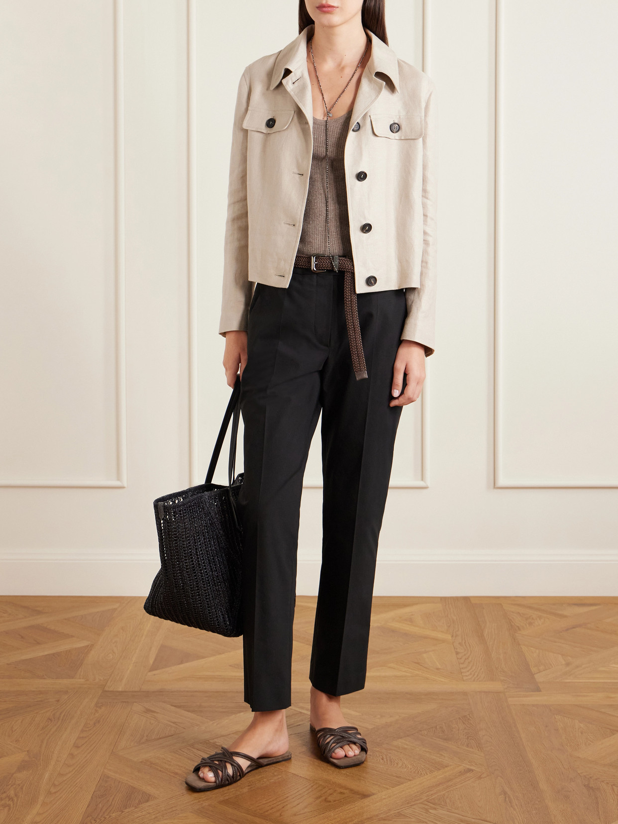 Leather-Trimmed Woven Tote