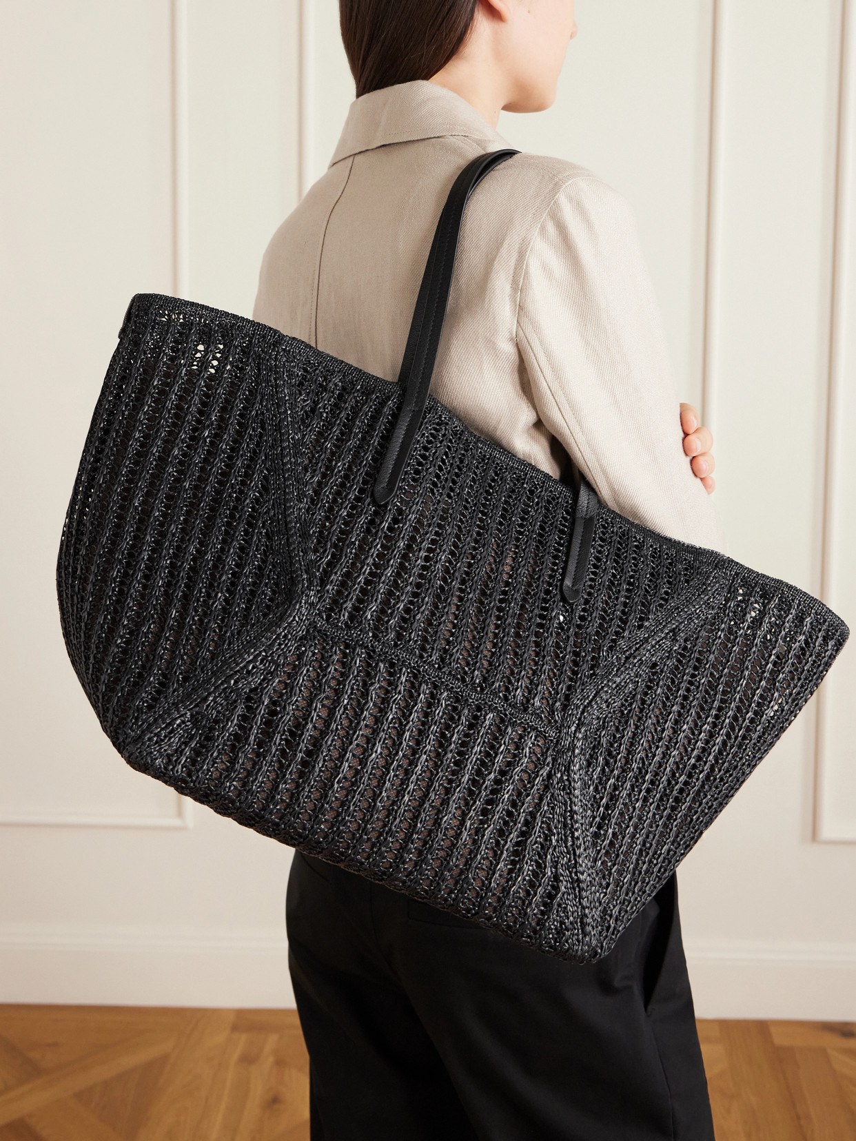 Leather-Trimmed Woven Tote