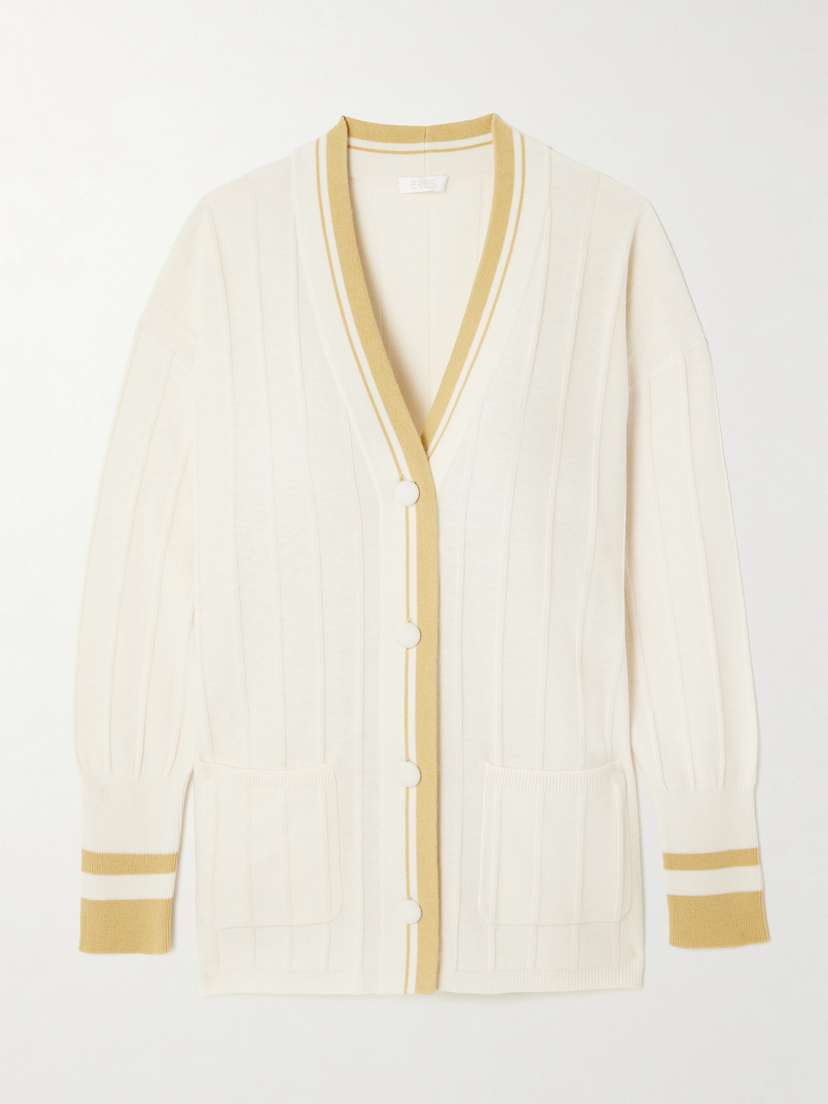 Eres Clubhouse Striped Ribbed Wool And Cashmere-blend Cardigan