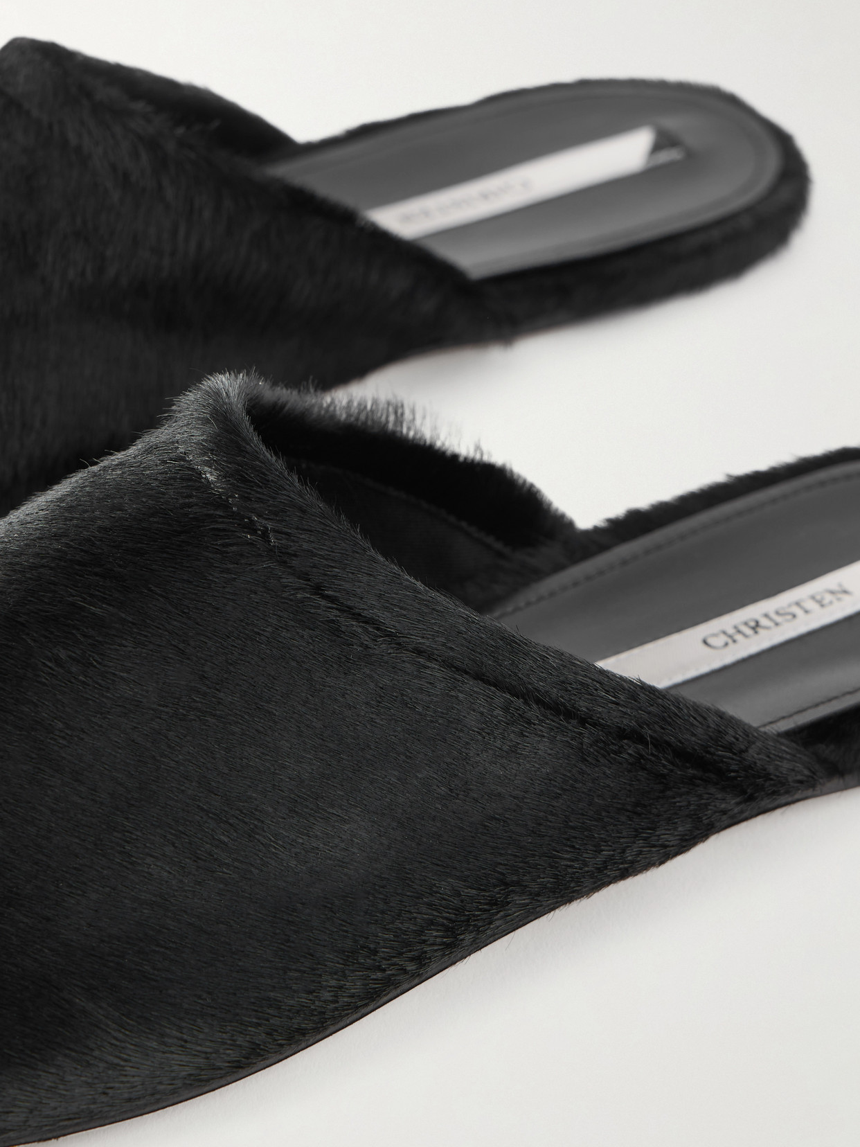 Christen Elipse Calf Hair Mules In Black