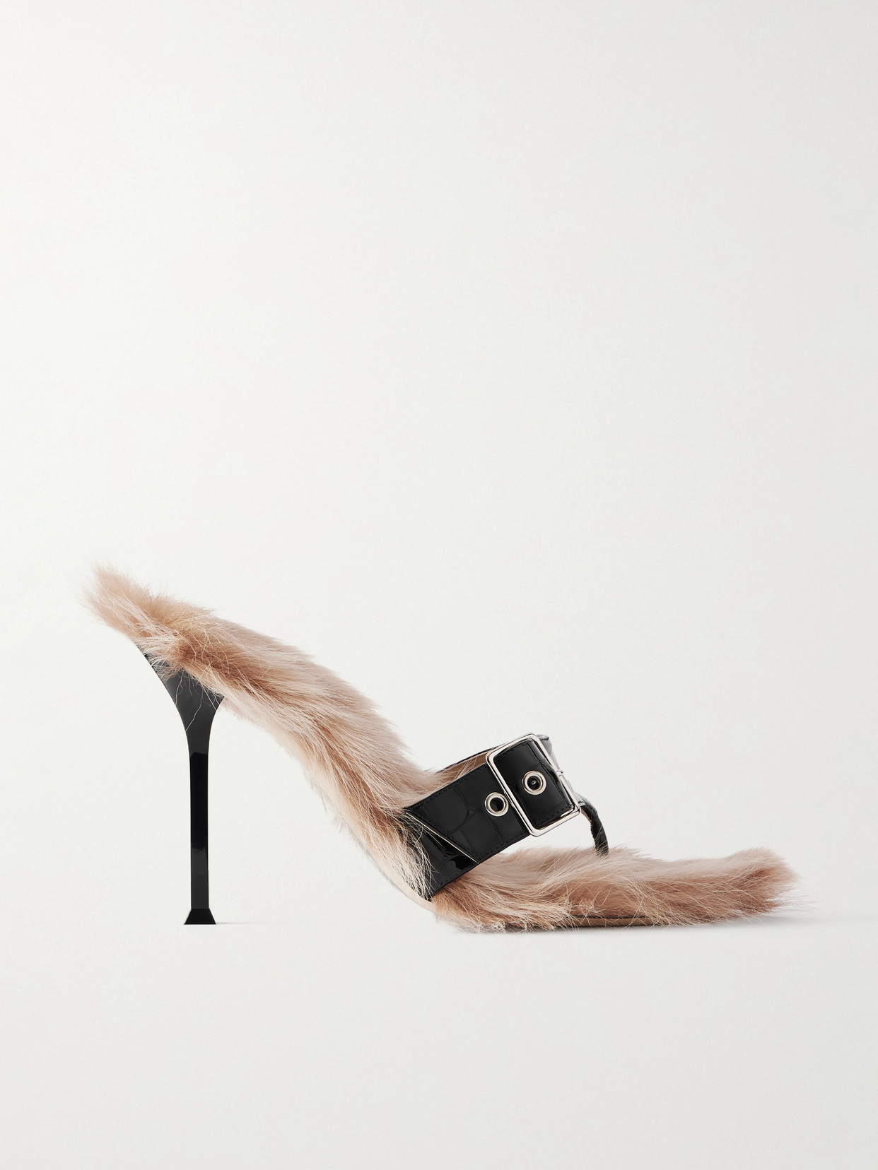 Christen Helix Buckled Shearling-lined Croc-effect Leather Sandals In Black