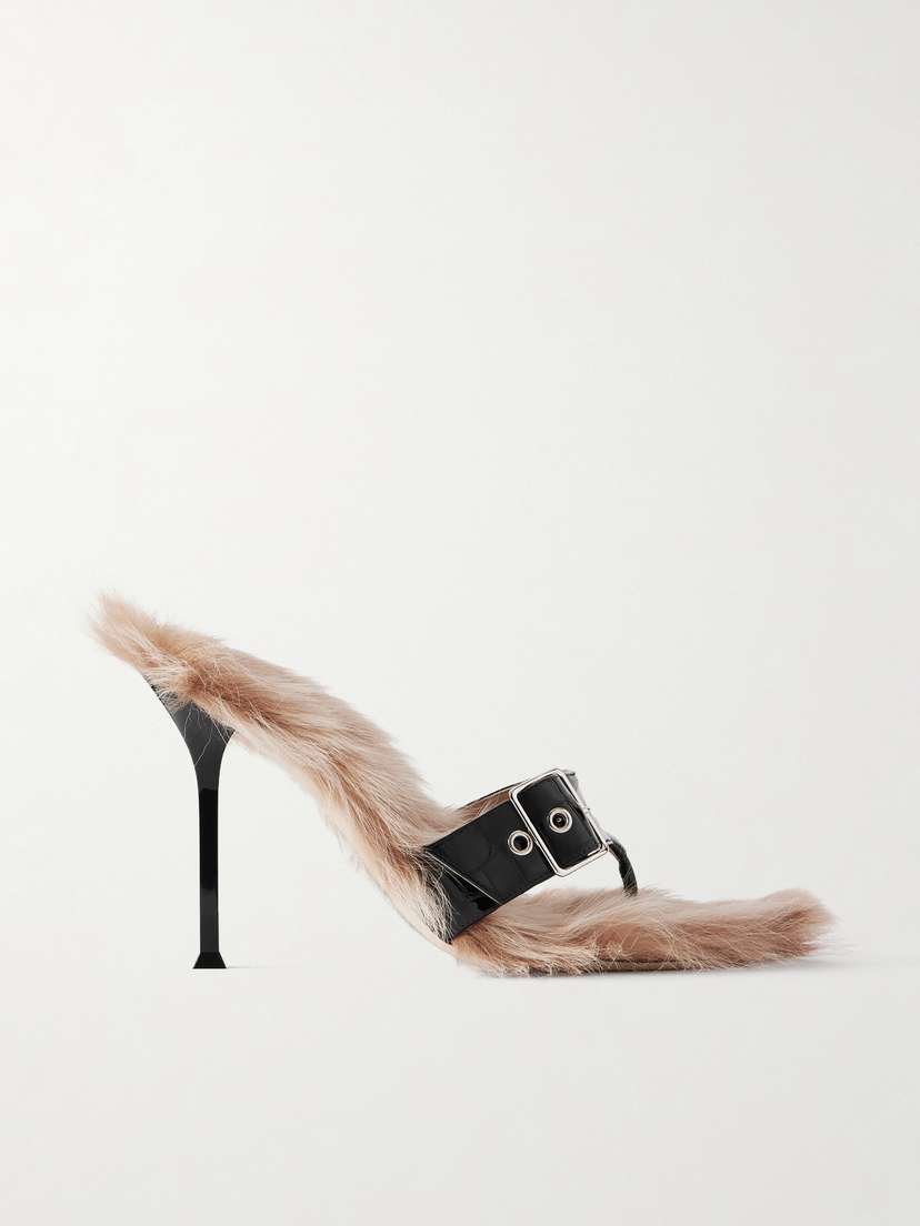 CHRISTEN Helix Buckled Shearling-lined Croc-effect Leather Sandals