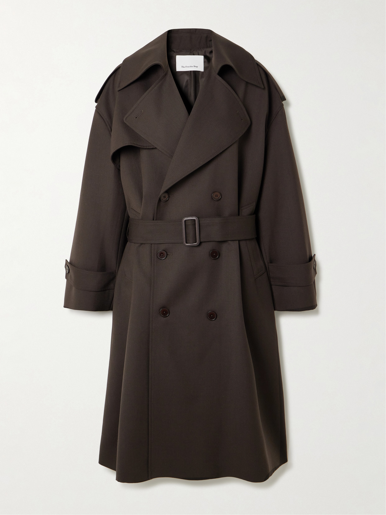 The Frankie Shop Dursey Double-breasted Belted Woven Trench Coat In Brown