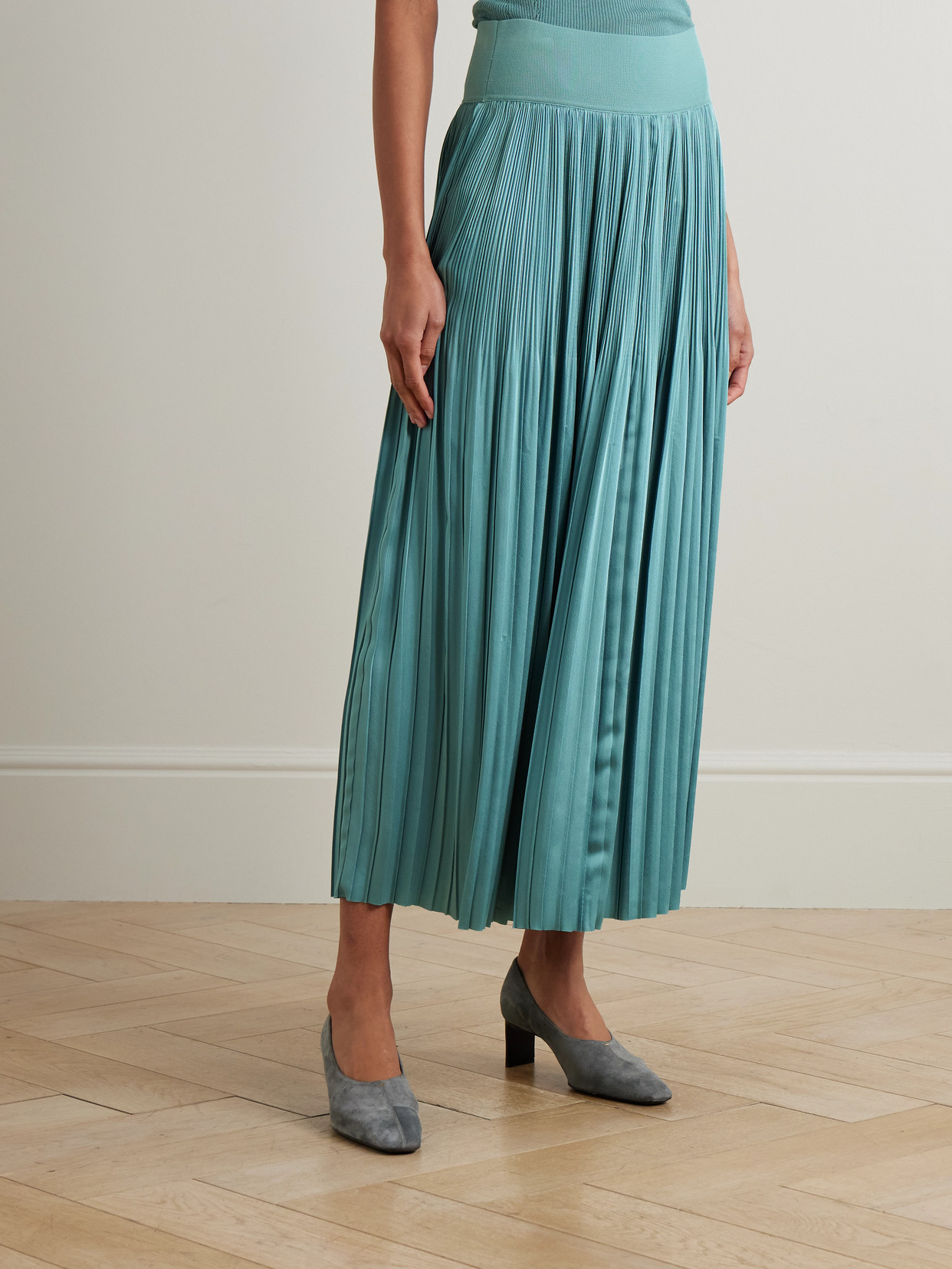 Joseph Rabat Stretch Knit-trimmed Pleated Satin Midi Skirt In Green