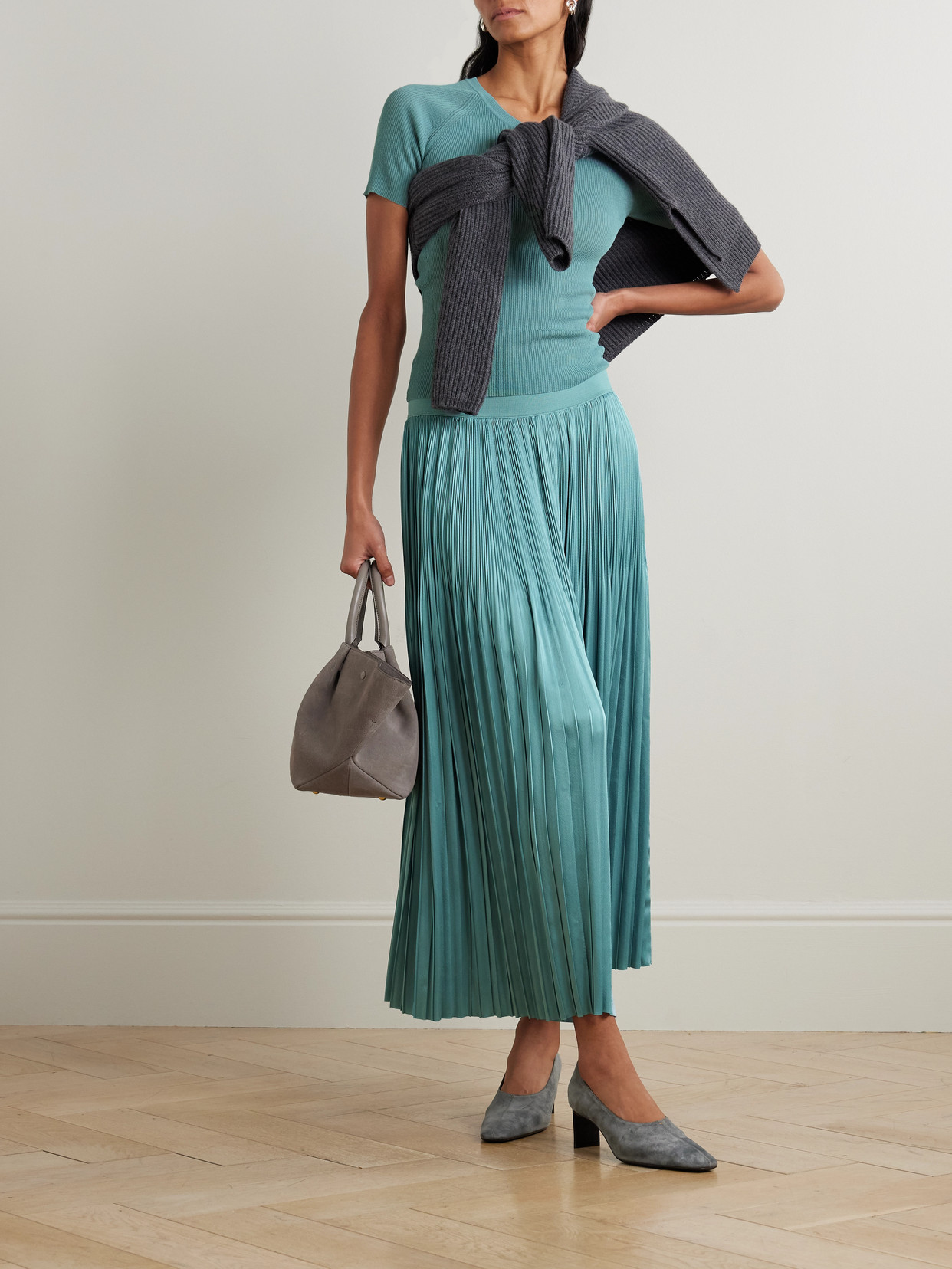 Joseph Rabat Stretch Knit-trimmed Pleated Satin Midi Skirt In Green