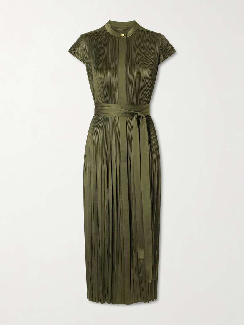 Joseph Phare Belted Plissé Satin Midi Dress