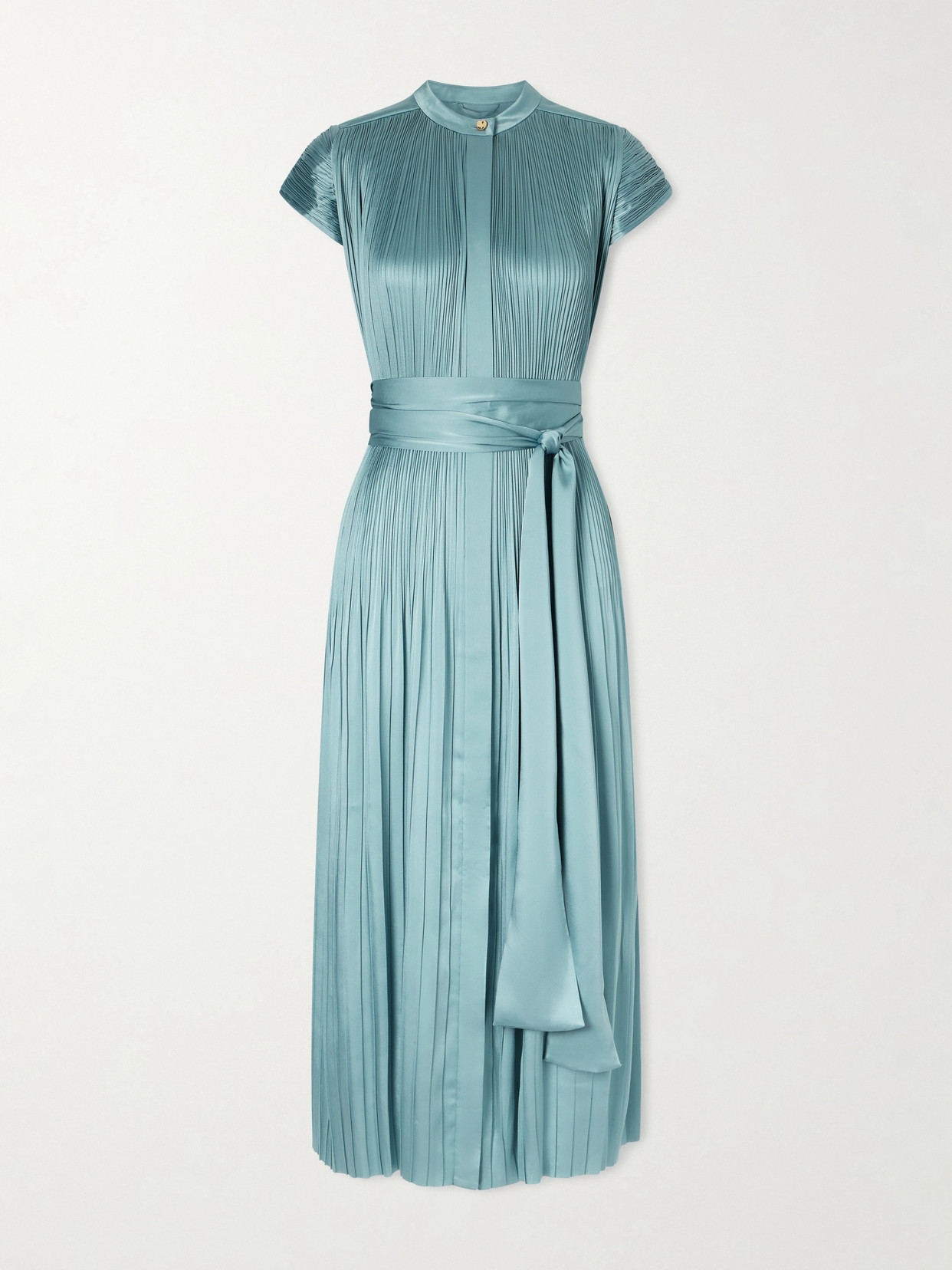 Joseph Phare Belted Plissé Satin Midi Dress In Blue