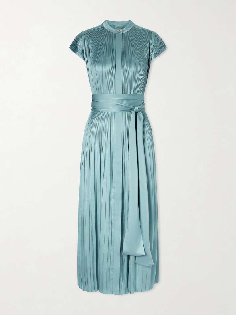 Joseph Phare Belted Plissé Satin Midi Dress