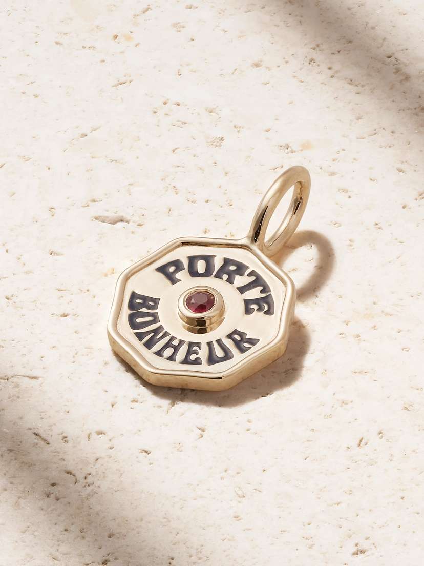 Marlo Laz Petite Porte Bonheur 14-karat Gold, Enamel And Ruby Pendant