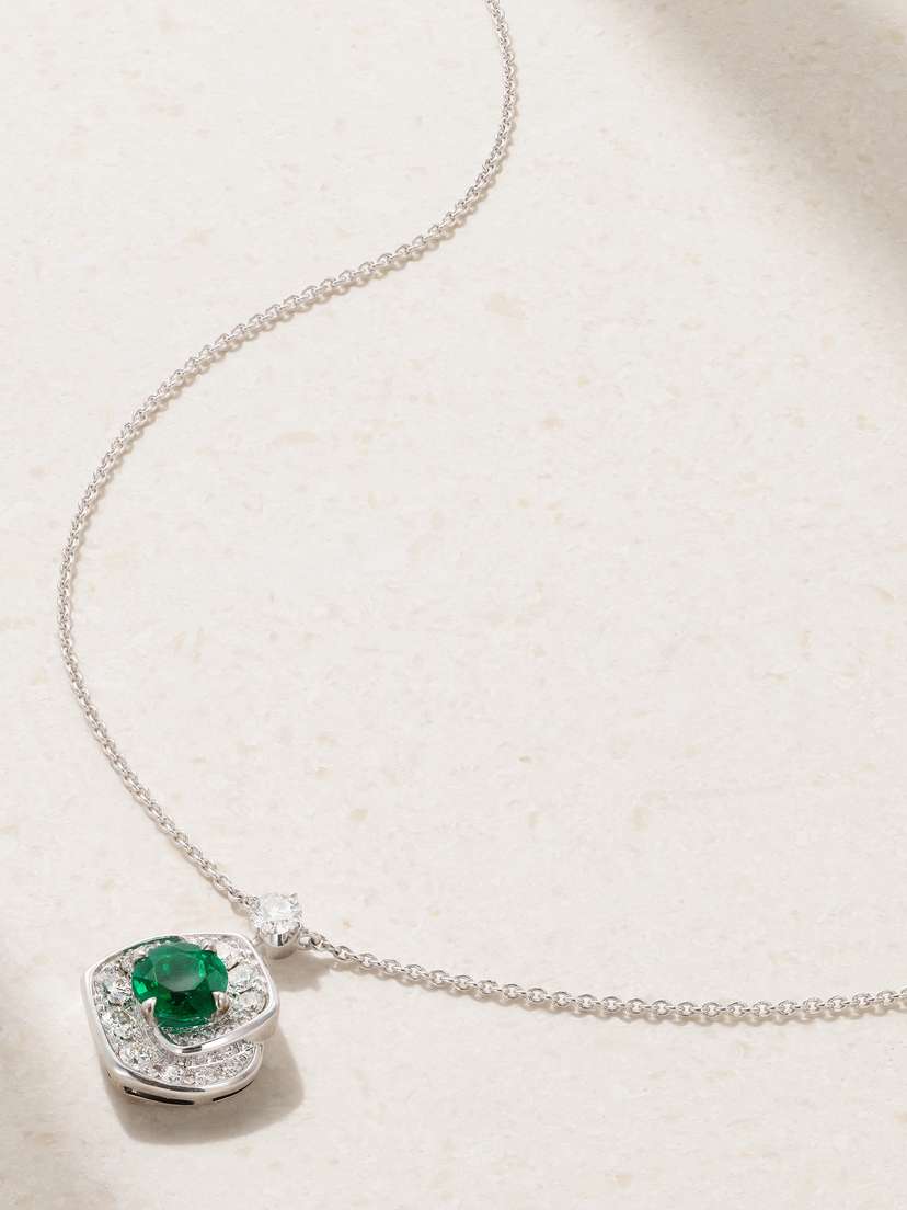 David Morris Frozen Kiss 18-karat White Gold, Emerald And Diamond Necklace