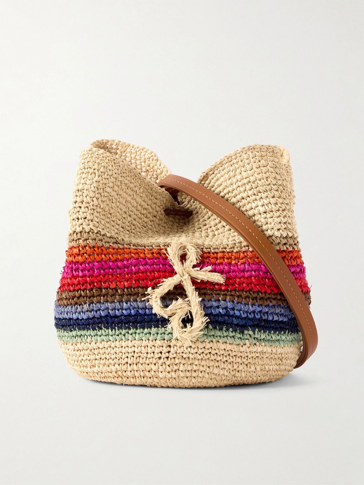 Leather-trimmed striped woven raffia pouch