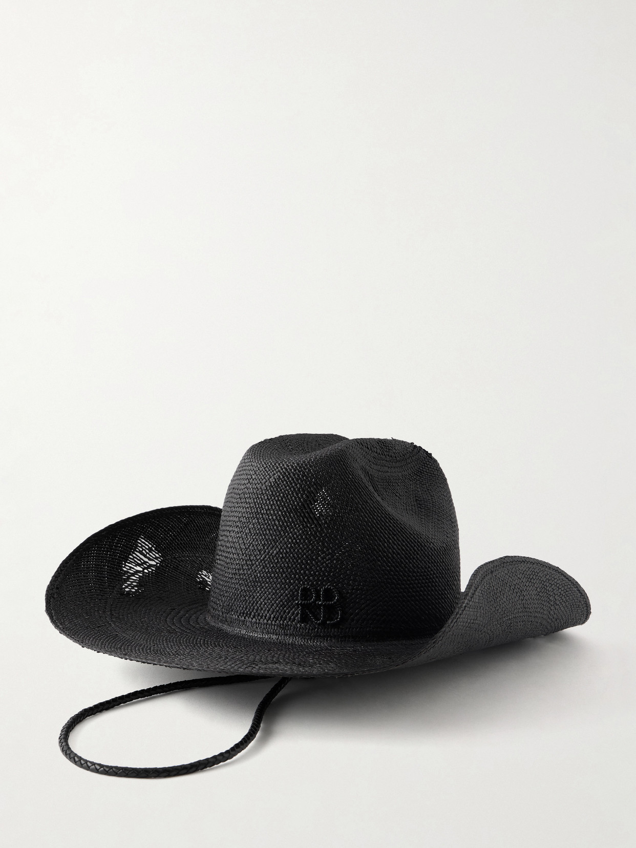 Ruslan Baginskiy Cowboy Distressed Leather-trimmed Embroidered Straw Hat In Black