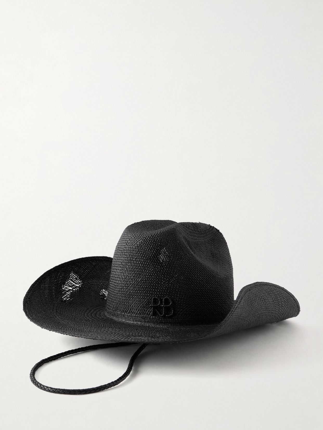 Cowboy distressed leather-trimmed embroidered straw hat