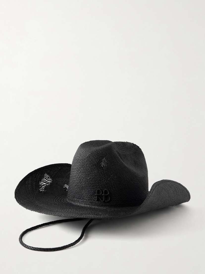 Ruslan Baginskiy Cowboy Distressed Leather-trimmed Embroidered Straw Hat