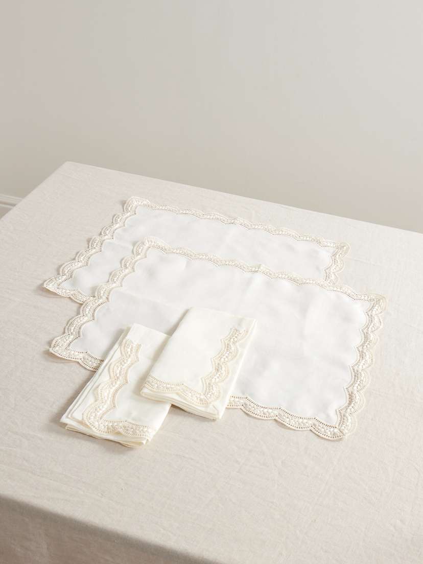 Cabana Set Of Two Emilia Scalloped Embroidered Linen Placemats And Napkins