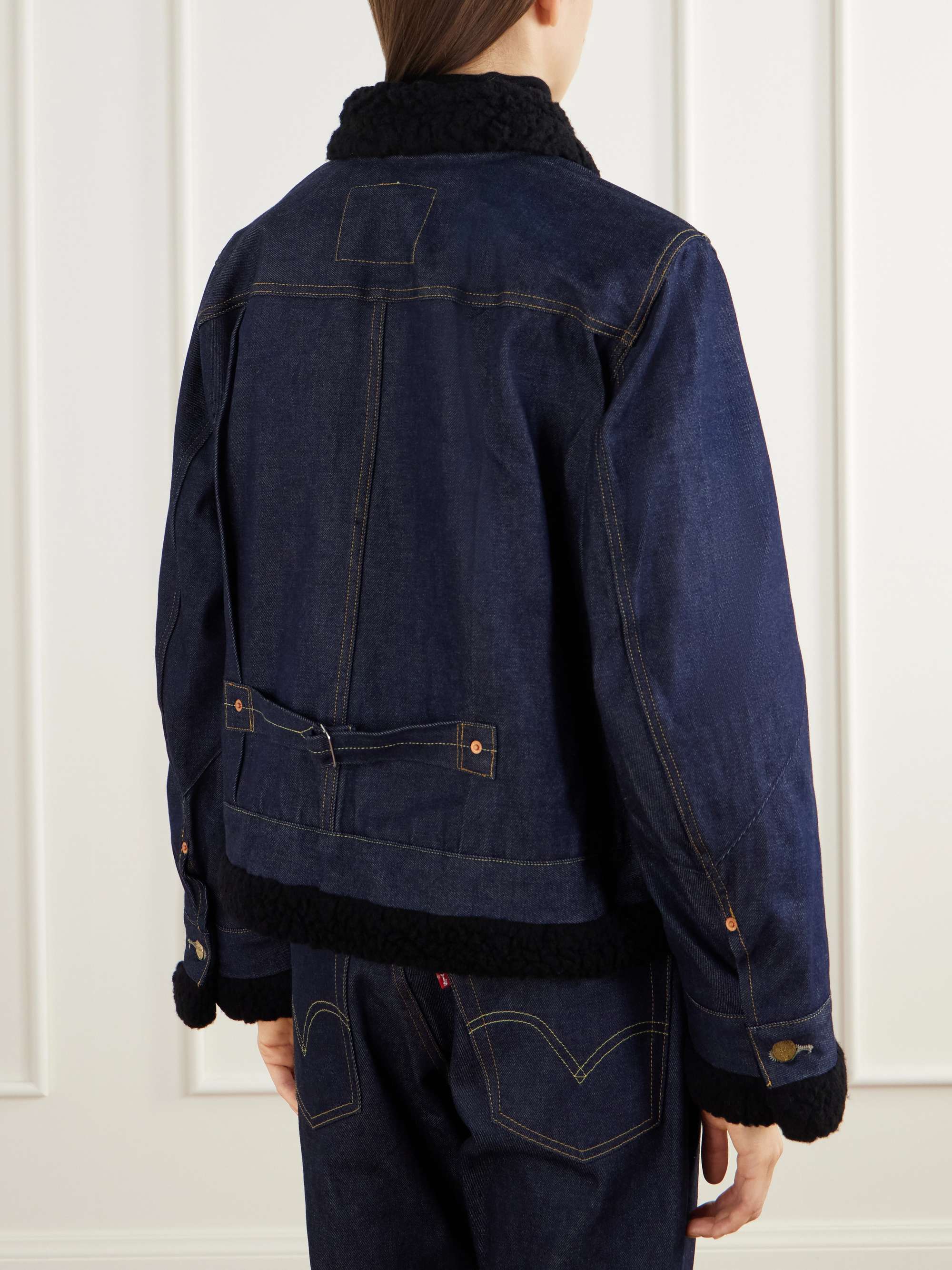 SACAI Plush and leather-trimmed denim jacket | NET-A-PORTER