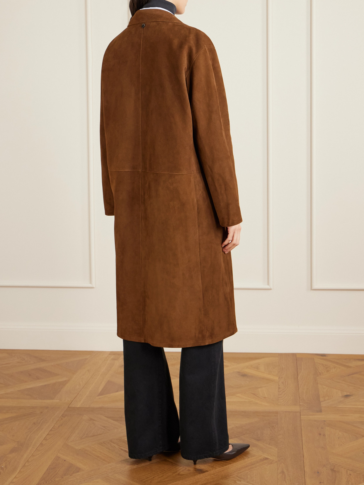 The Row Serenis Paneled Suede Coat In Brown