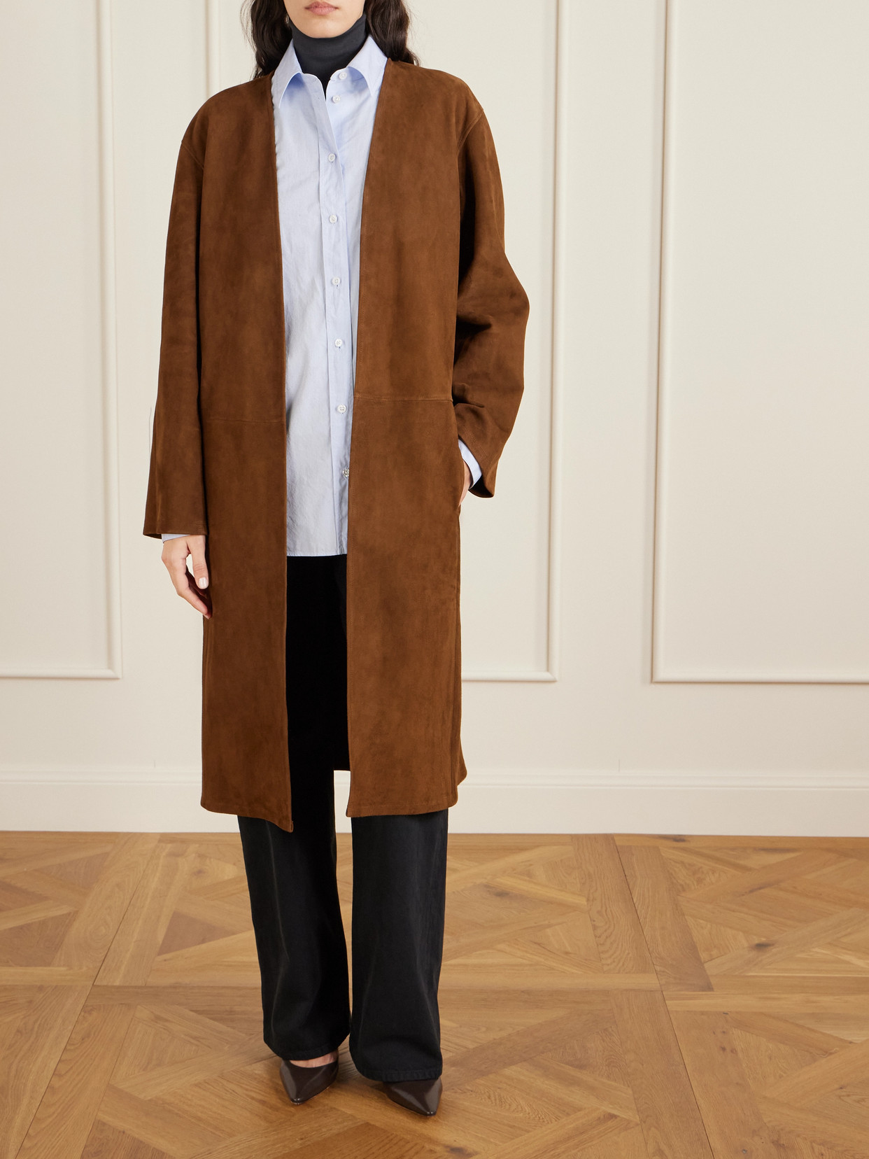 The Row Serenis Paneled Suede Coat In Brown
