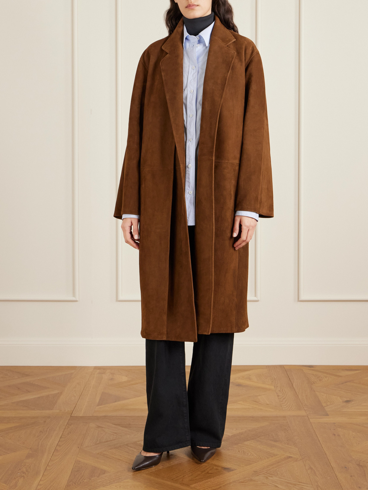 The Row Serenis Paneled Suede Coat In Brown