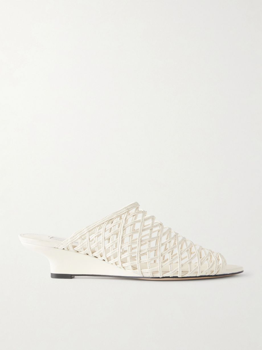 Woven leather wedge mules