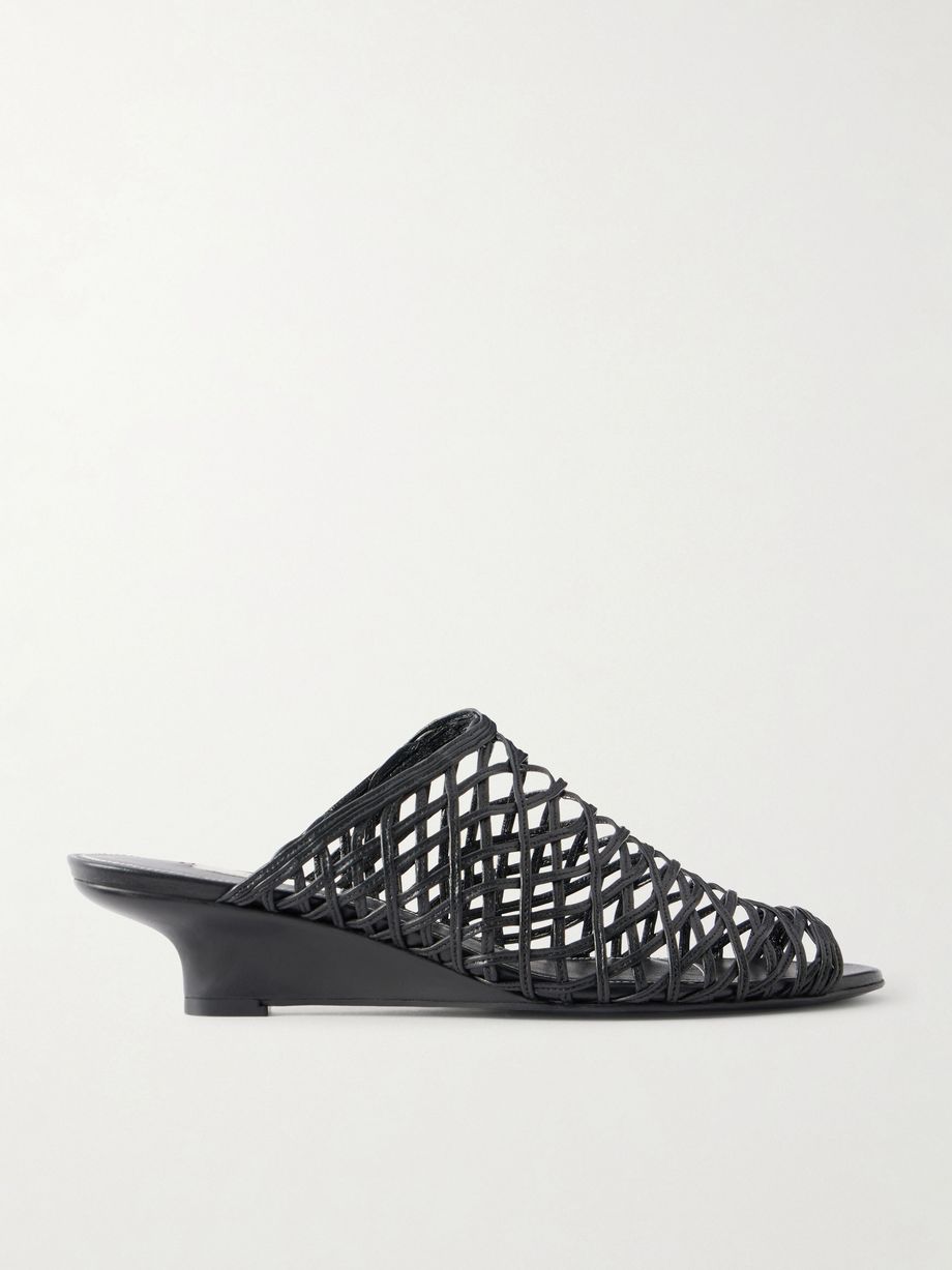 Woven leather wedge mules