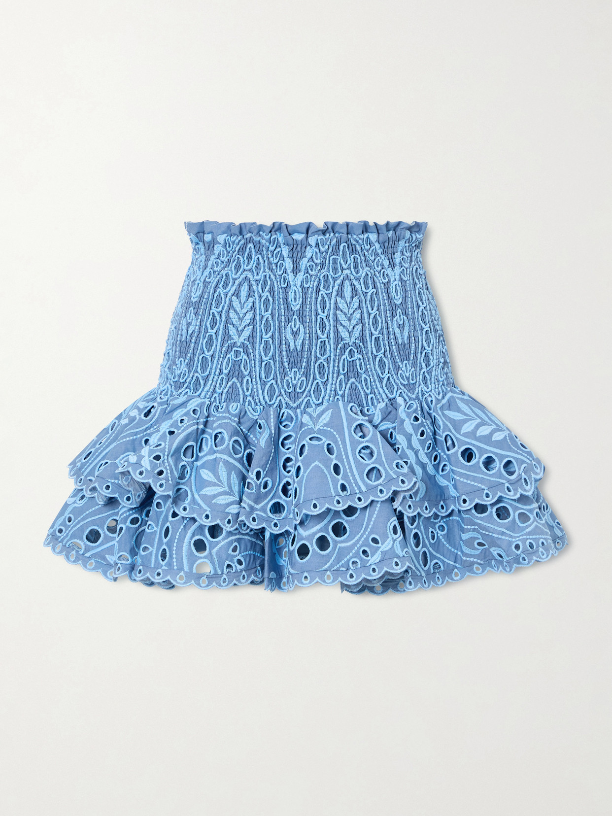 Charo Ruiz Nerissa Tiered Shirred Broderie Anglaise Cotton-blend Mini Skirt In Blue