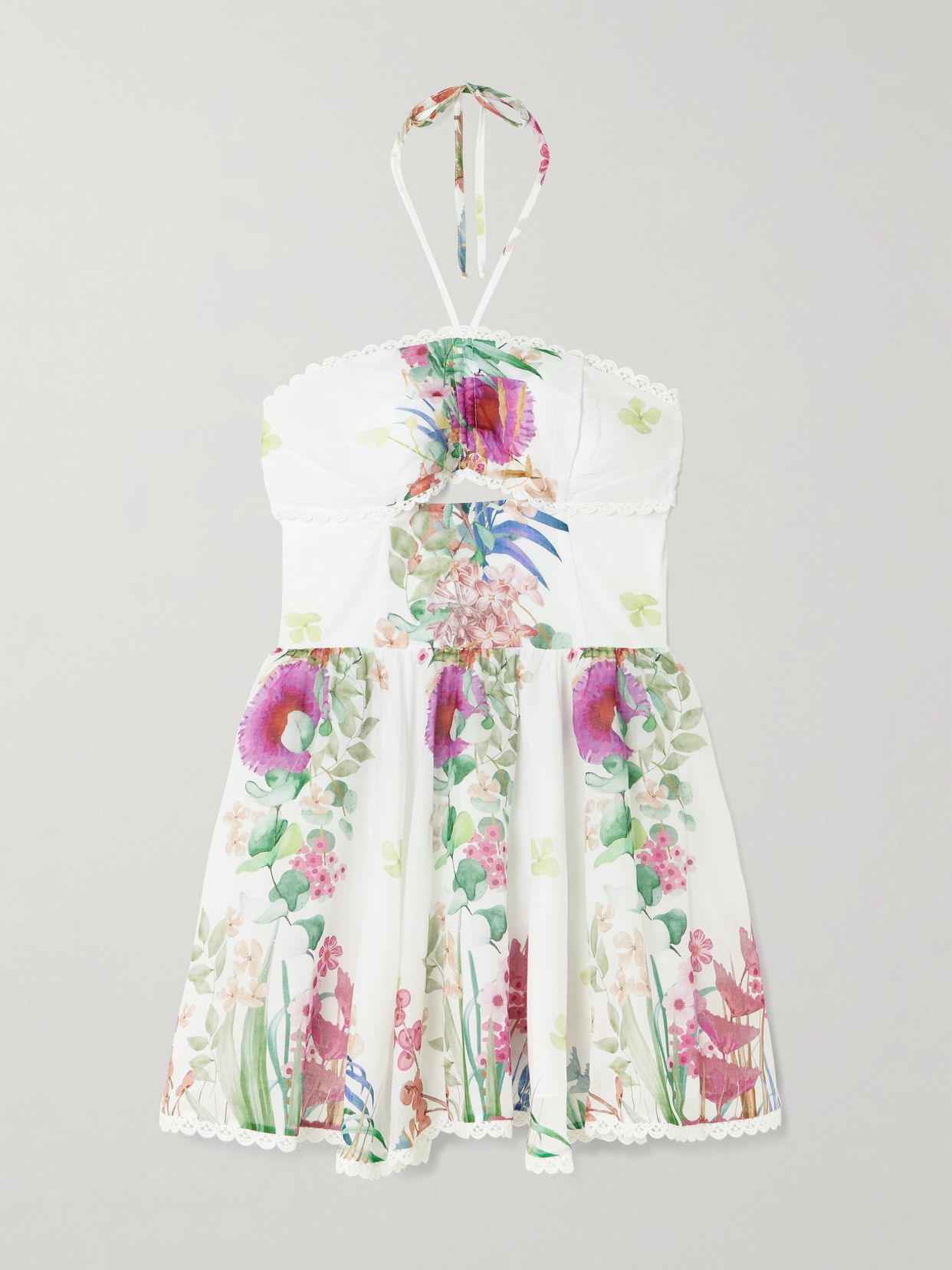 Alheli lace-trimmed cutout floral-print cotton-blend voile halterneck mini dress