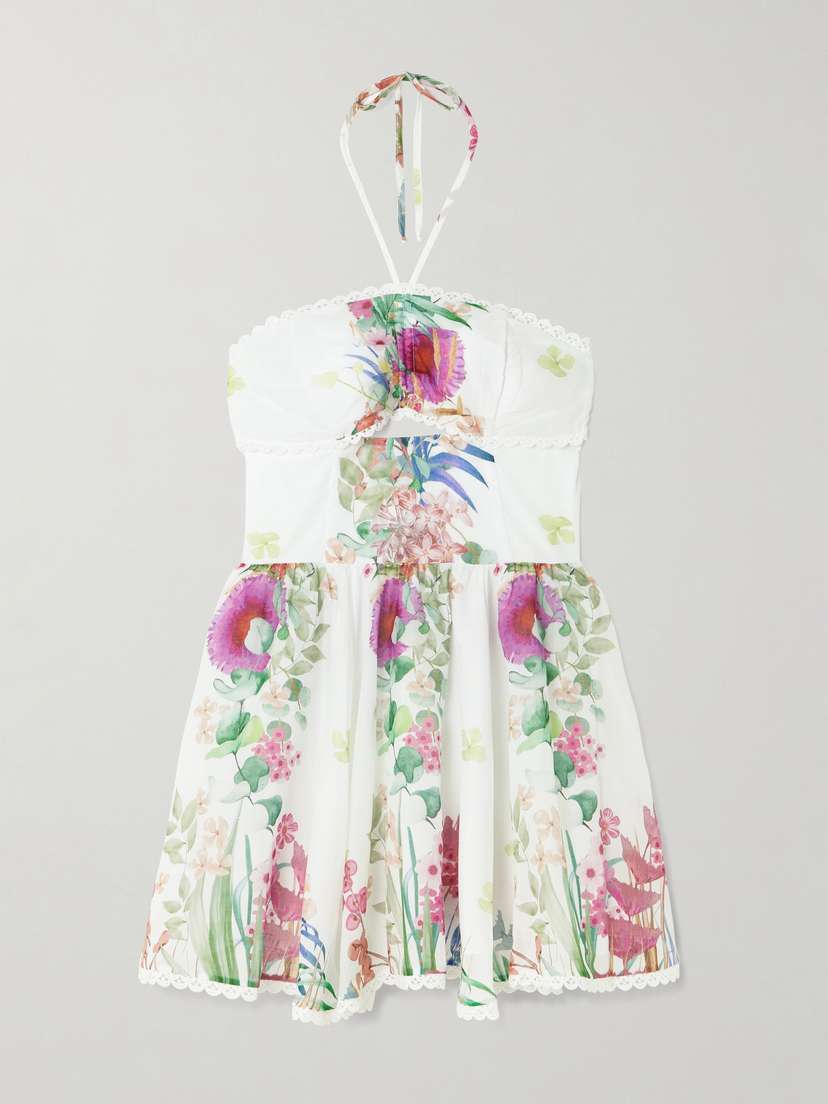 Charo Ruiz Alheli Lace-trimmed Cutout Floral-print Cotton-blend Voile Halterneck Mini Dress