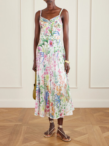 Charo Ruiz Cael pleated paneled floral-print cotton-blend voile midi dress