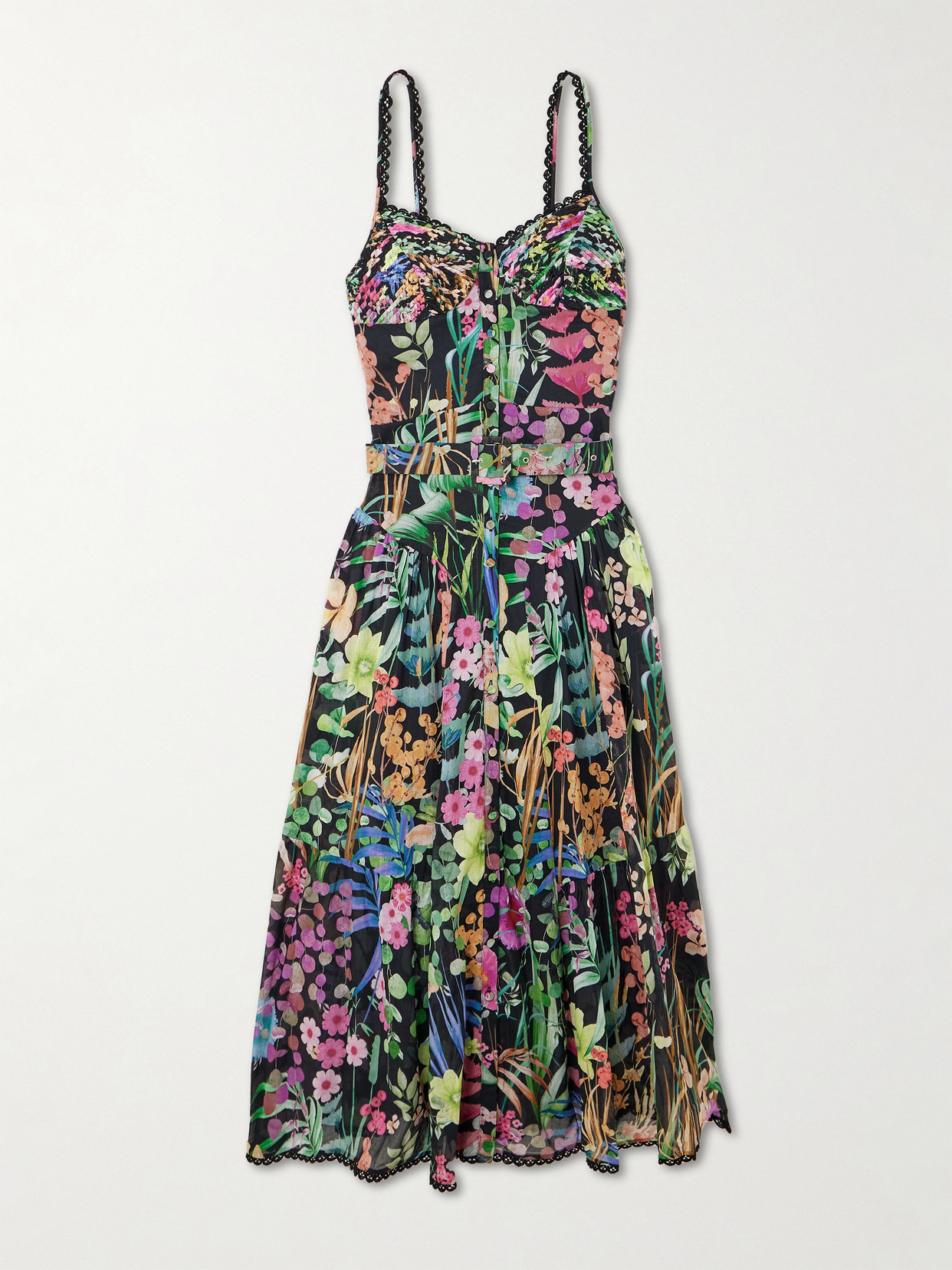 Charo Ruiz Cael Belted Pleated Paneled Lace-trimmed Floral-print Cotton-blend Voile Midi Dress In Multi