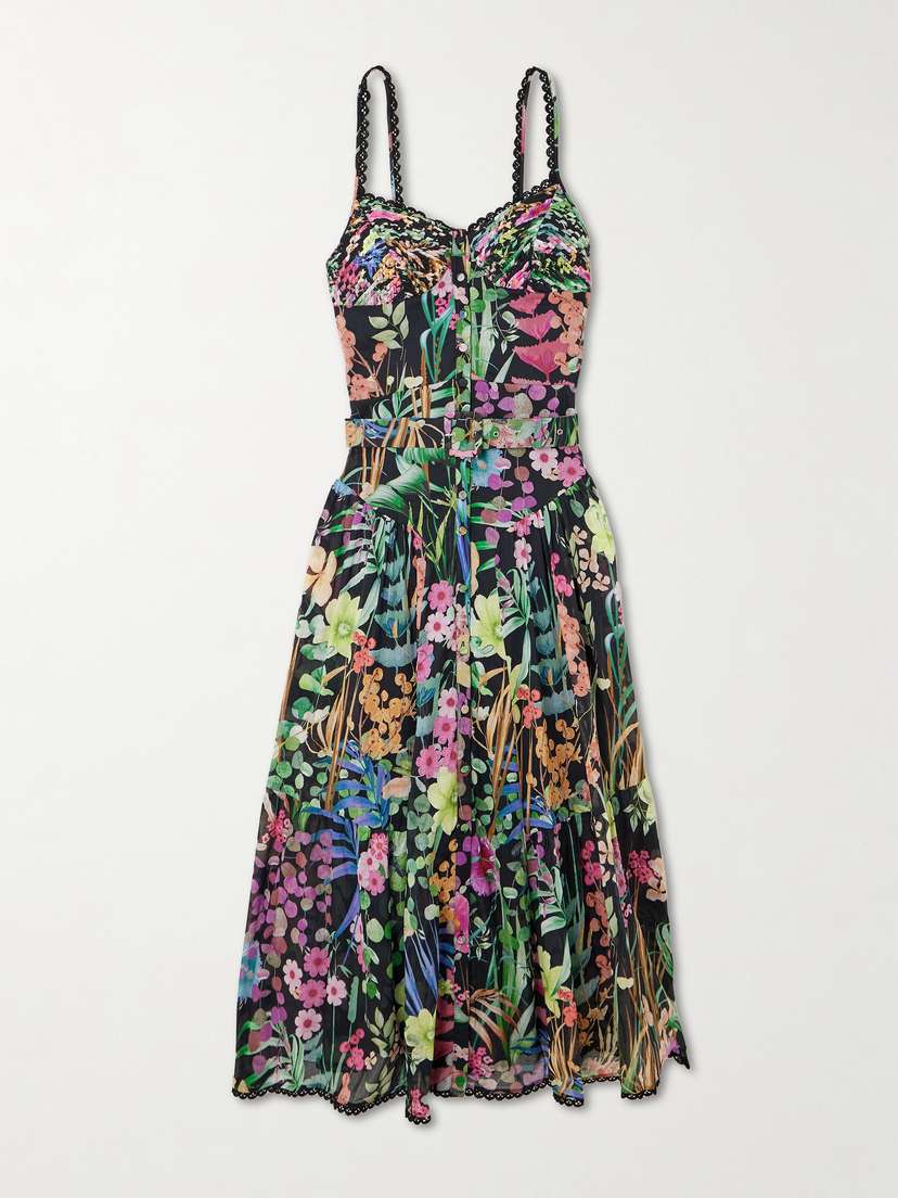 Charo Ruiz Cael Belted Pleated Paneled Lace-trimmed Floral-print Cotton-blend Voile Midi Dress