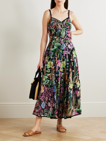 Charo Ruiz Cael belted pleated paneled lace-trimmed floral-print cotton-blend voile midi dress