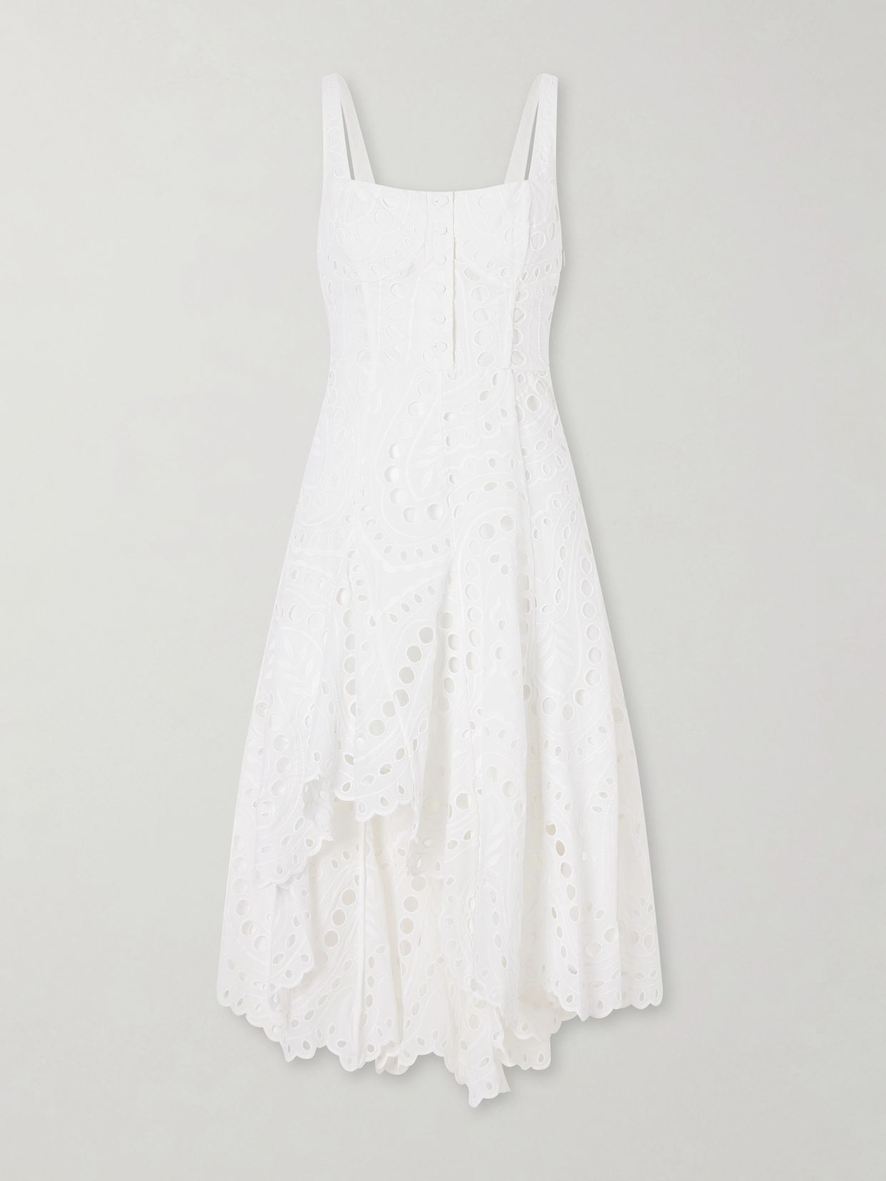 Ayla asymmetric scalloped broderie anglaise cotton-blend midi dress