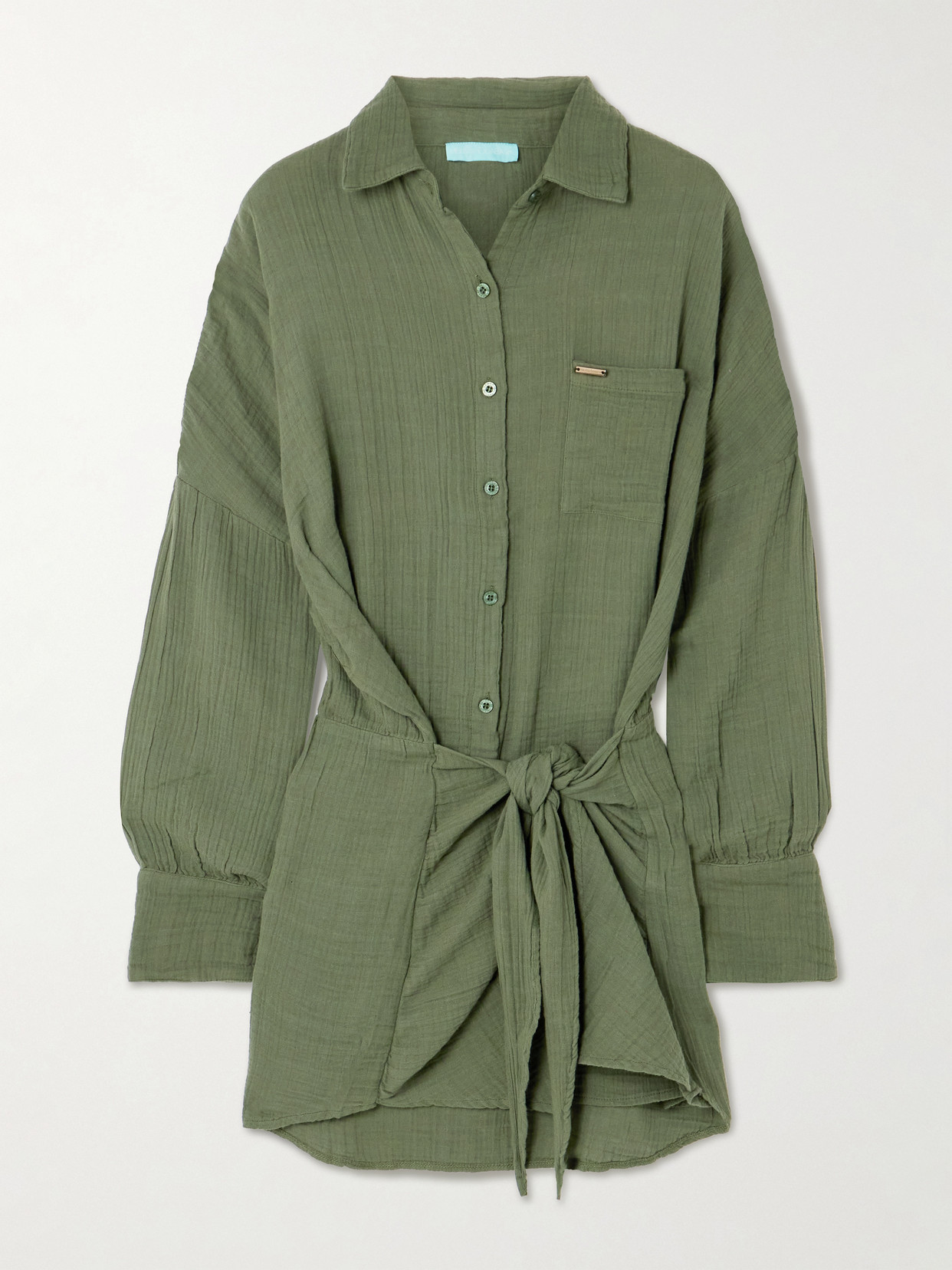 Melissa Odabash Sara Tie-front Crinkled Cotton-gauze Mini Shirt Dress In Gray