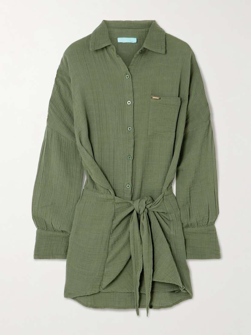 Melissa Odabash Sara Tie-front Crinkled Cotton-gauze Mini Shirt Dress