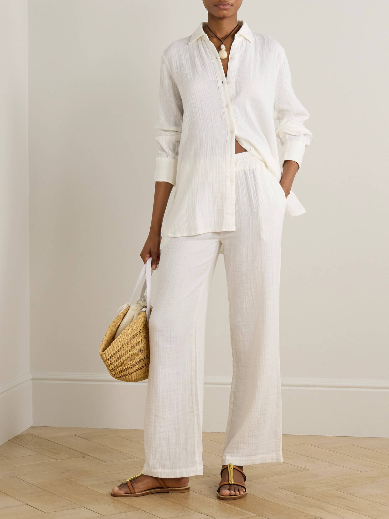 Melissa Odabash Krissy Crinkled-cotton Straight-leg Pants In White