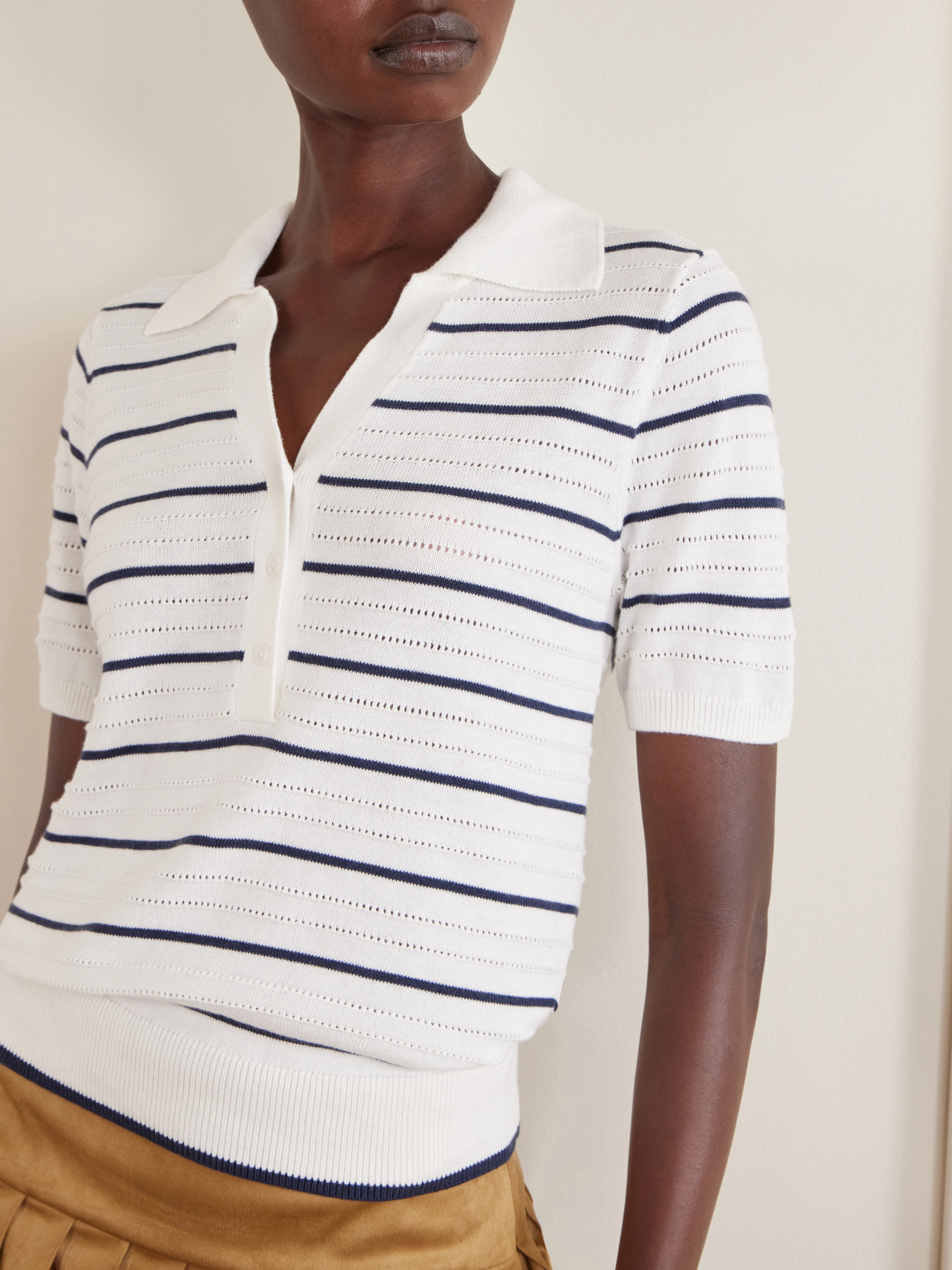Varley Wren striped cotton-blend knitted polo shirt