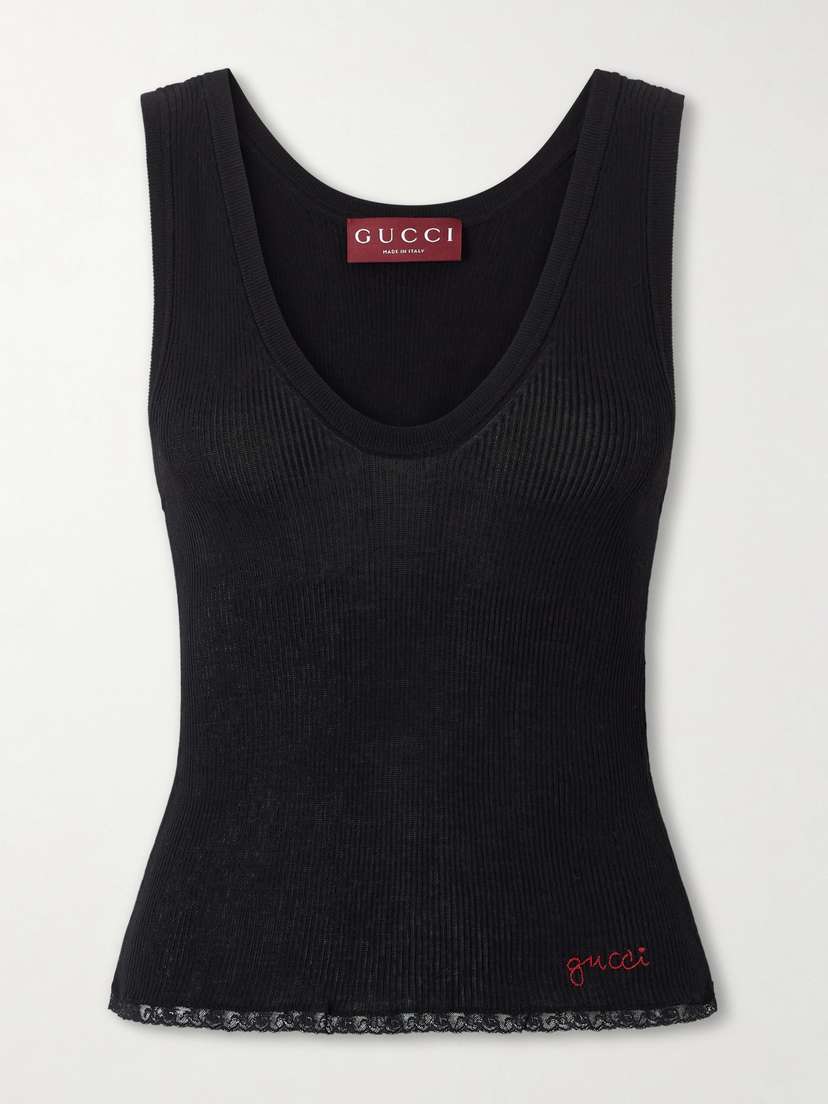 Gucci Embroidered Lace-trimmed Ribbed-knit Cotton Tank Top