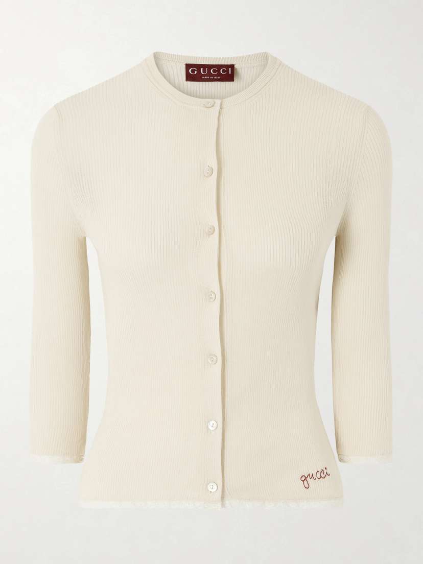Gucci Embroidered Lace-trimmed Ribbed-knit Cotton Cardigan